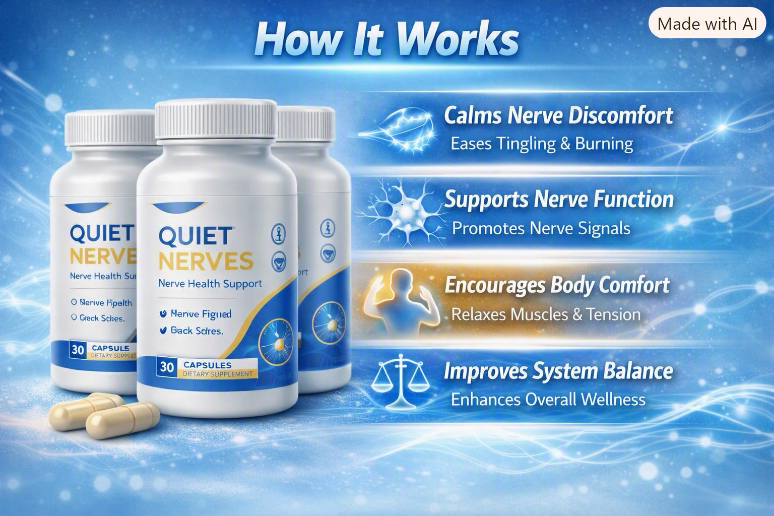 Quiet Nerves™ 4-Step Mechanism: Calms Nerve Discomfort, Supports Nerve Function, Encourages Body Comfort, Improves System Balance